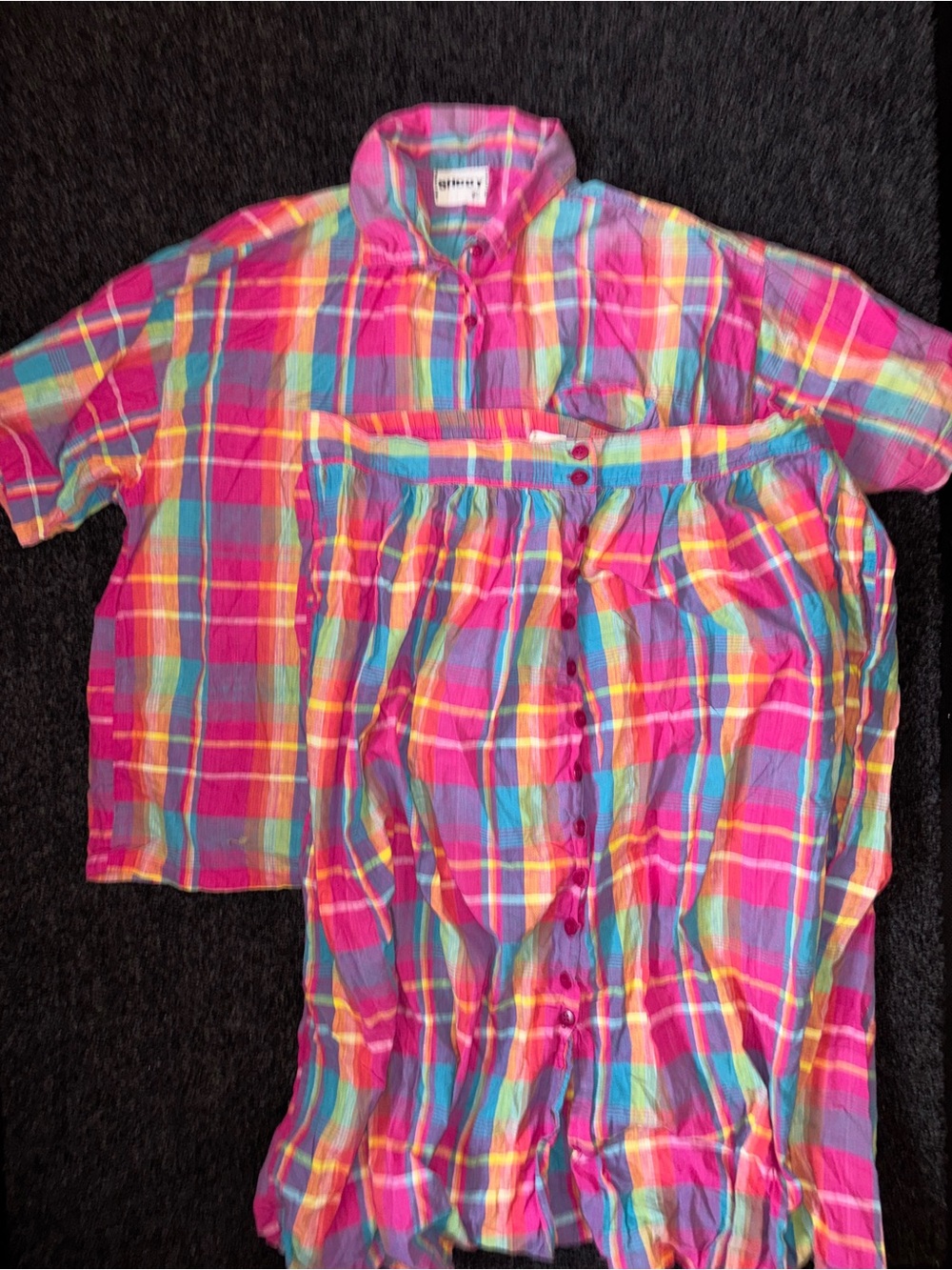 Vintage Retro 90s Sabby Women's Pink Plaid Cotton Shirt 42 Skirt 34 Set Festival